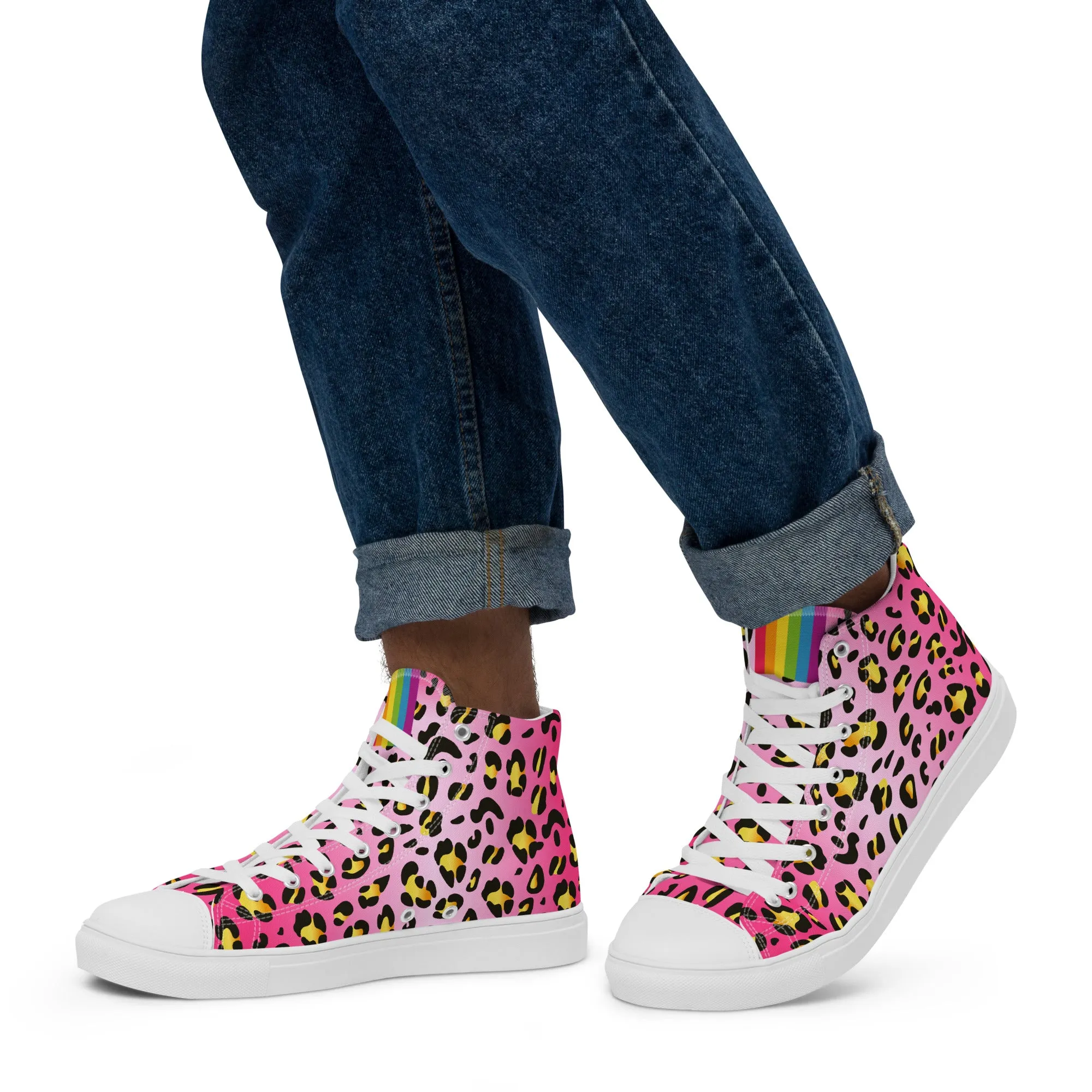 Pink Leopard With Rainbow Pride Flash Hi Tops Trainers (male sizes)