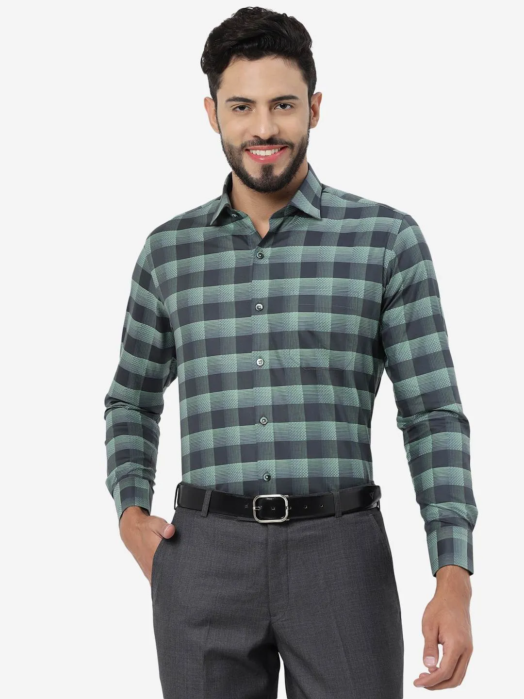 Pista Green Checked Slim Fit Formal Shirt | Metal