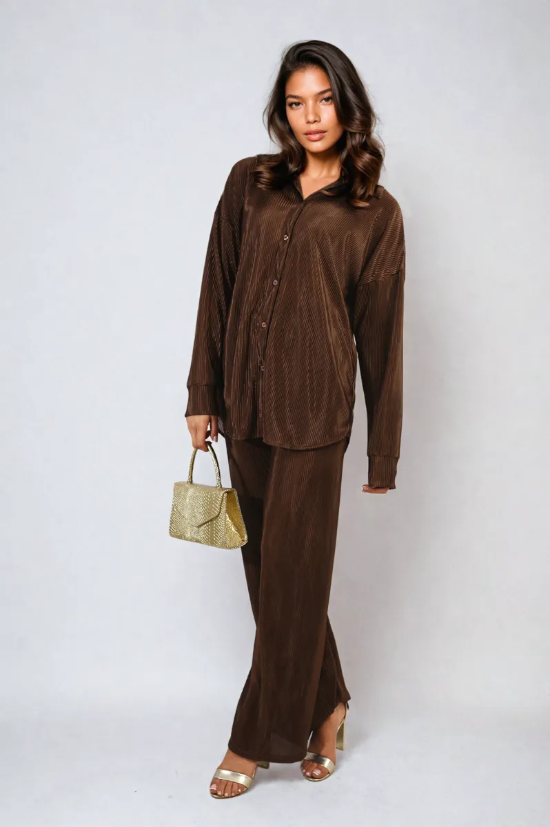 Plisse Button Front Oversized Shirt and Trouser Co-ord Set