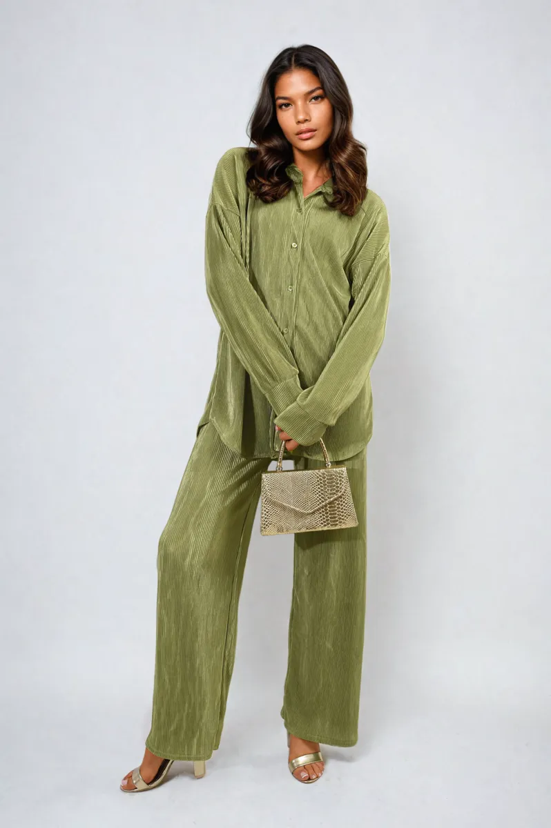 Plisse Button Front Oversized Shirt and Trouser Co-ord Set