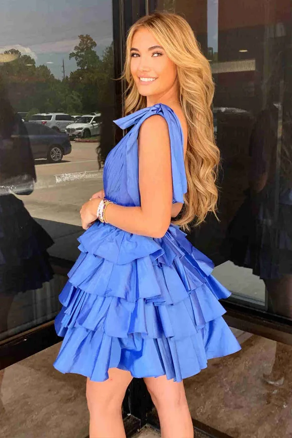 Plunging Neck Bow Sleeves Tiered Blue Homecoming Dress PD511