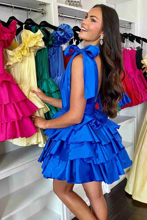 Plunging Neck Bow Sleeves Tiered Blue Homecoming Dress PD511