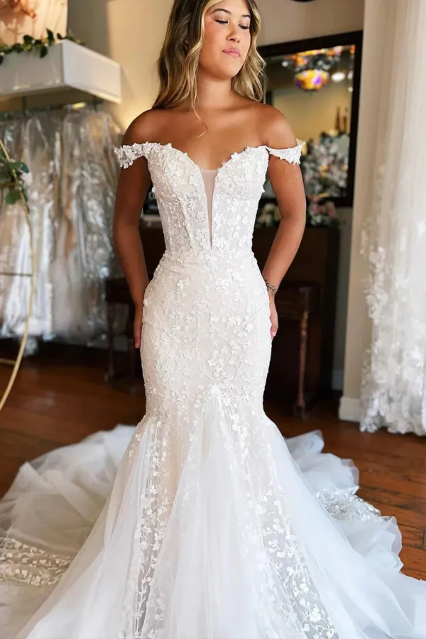 Plunging Neckline Ivory Off-the-Shoulder Mermaid Wedding Dress WD708