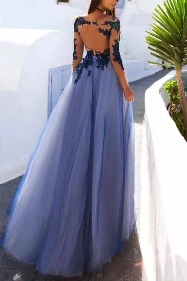 Sexy Long Sleeves Blue Lace Open Back Prom Dresses Evening Dresses PG663