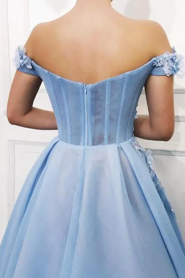 Sky Blue Off the Shoulder Flower Appliques Long Beautiful Prom Dress  PG845