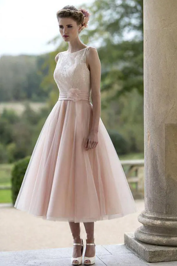 Sleeveless Blush Pretty Flower Length Tulle Fall Wedding Dress WD079