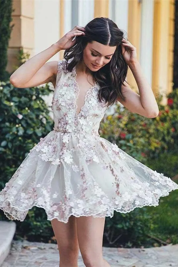 Sleeveless Elegant Short Flowers A-line Homecoming Dress Party Dress PD065