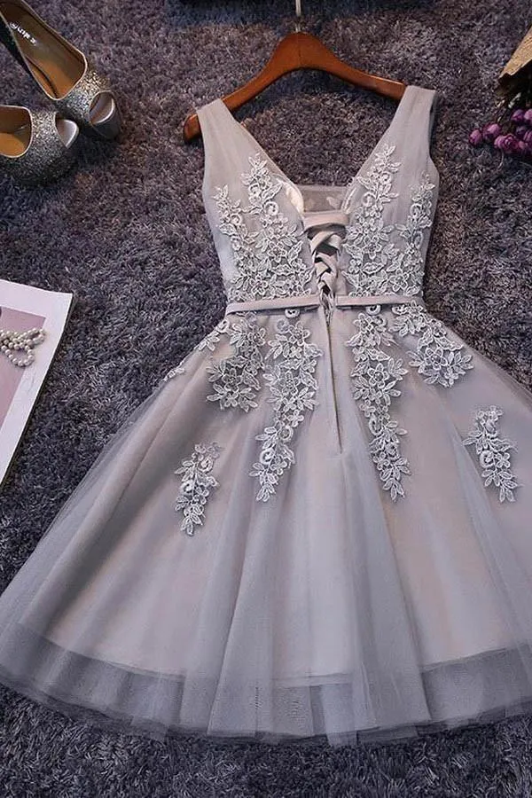 Sleeveless Lace-up Tulle Short homecoming Dress Lace Appliques PG098