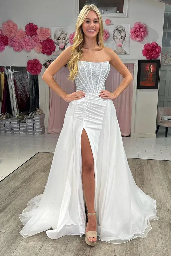 Strapless White Mermaid Long Prom Dresses With Beading  PSK574