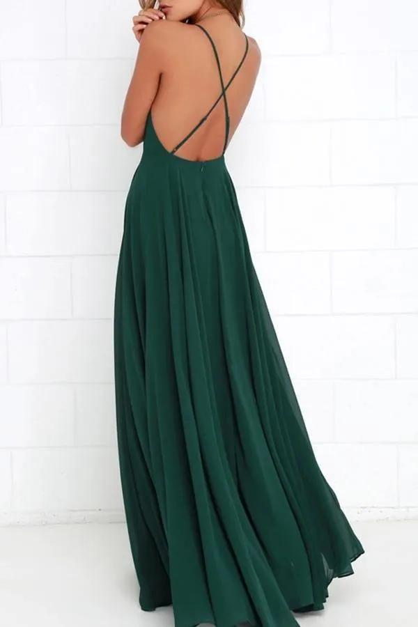 Straps Dark Green Long Bridesmaid Dress with Criss Cross Back  BD076