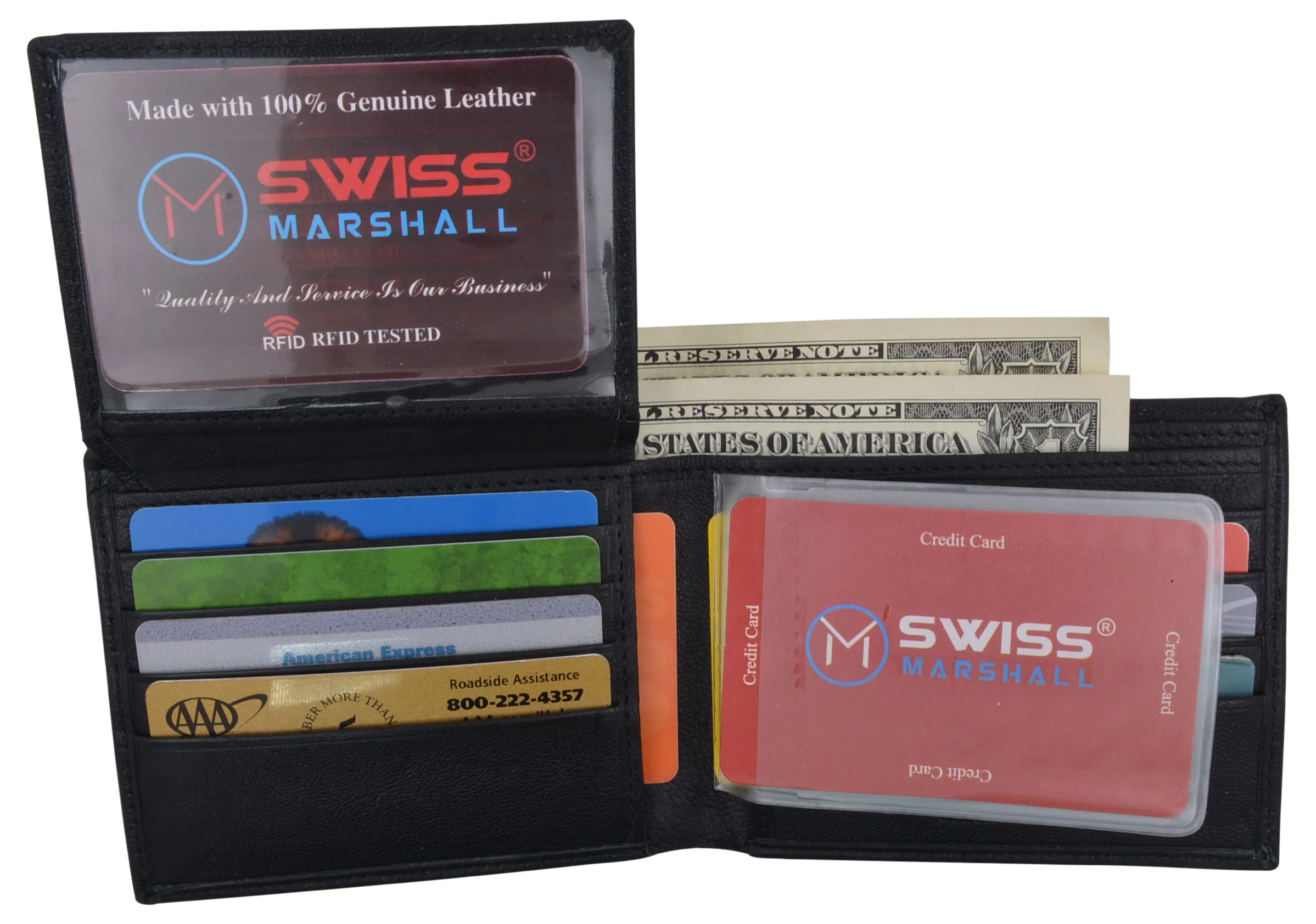 Swiss Marshall Mens Genuine Leather Passcase Bifold Wallet RFID Safe 2 ID Windows