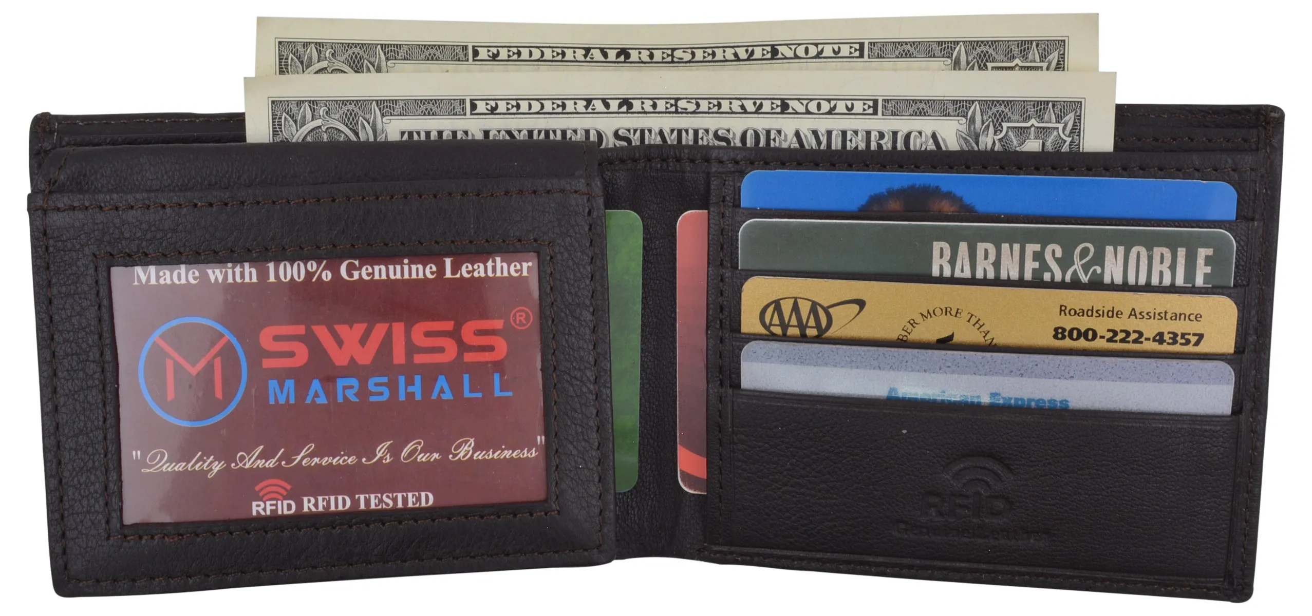 Swiss Marshall Mens Genuine Leather Passcase Bifold Wallet RFID Safe 2 ID Windows