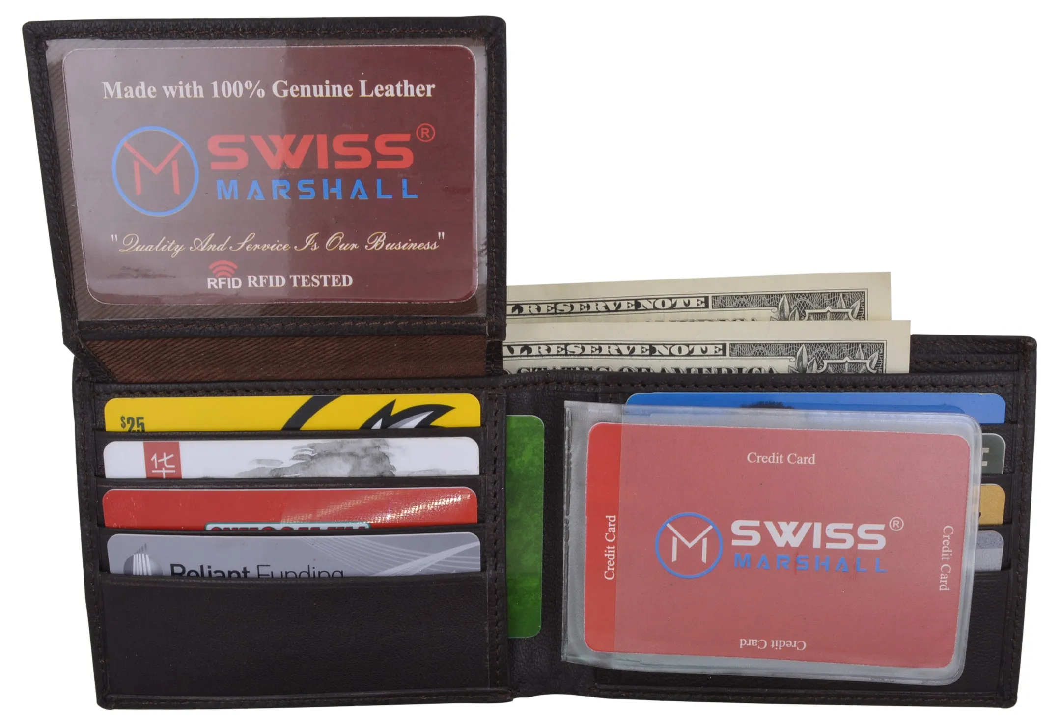 Swiss Marshall Mens Genuine Leather Passcase Bifold Wallet RFID Safe 2 ID Windows