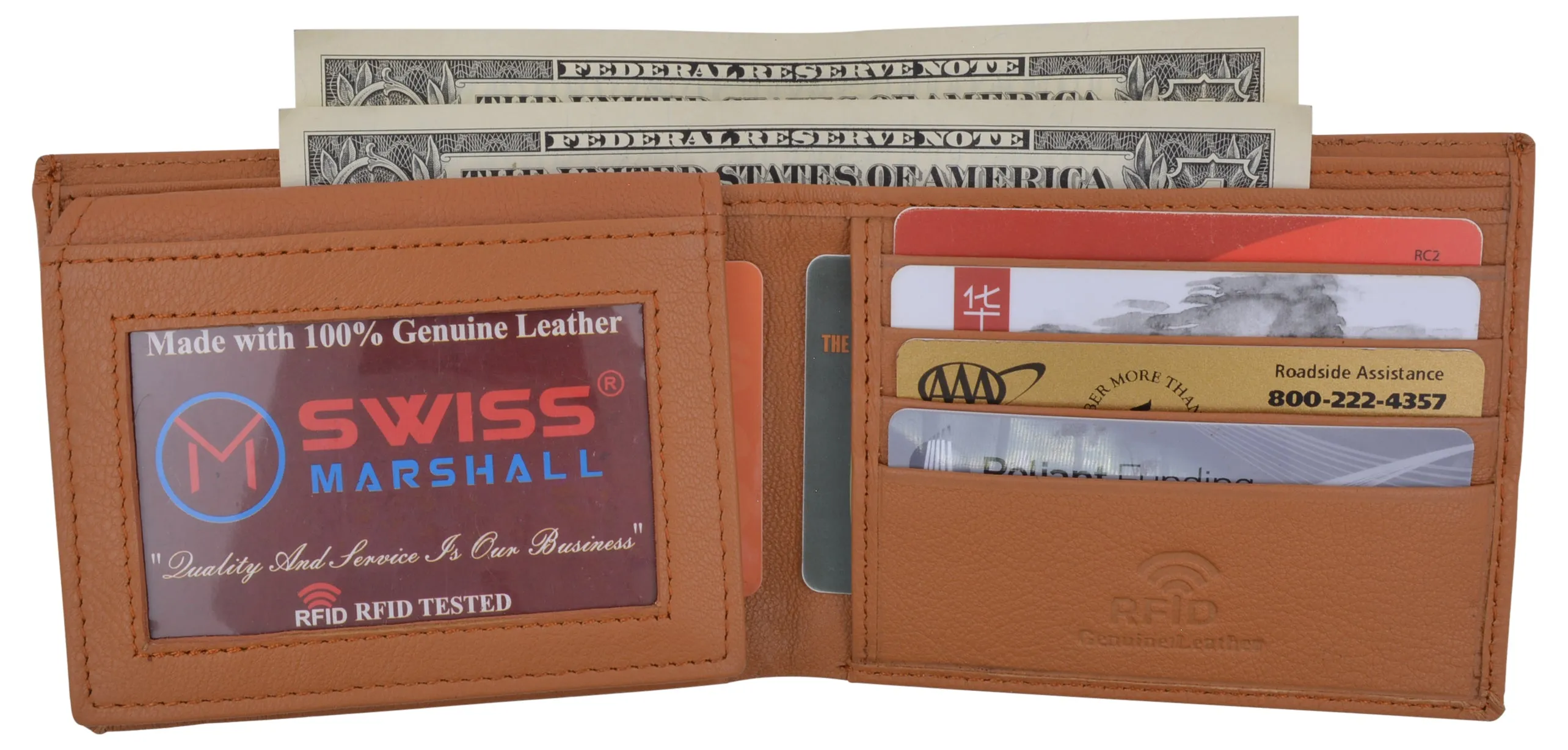 Swiss Marshall Mens Genuine Leather Passcase Bifold Wallet RFID Safe 2 ID Windows