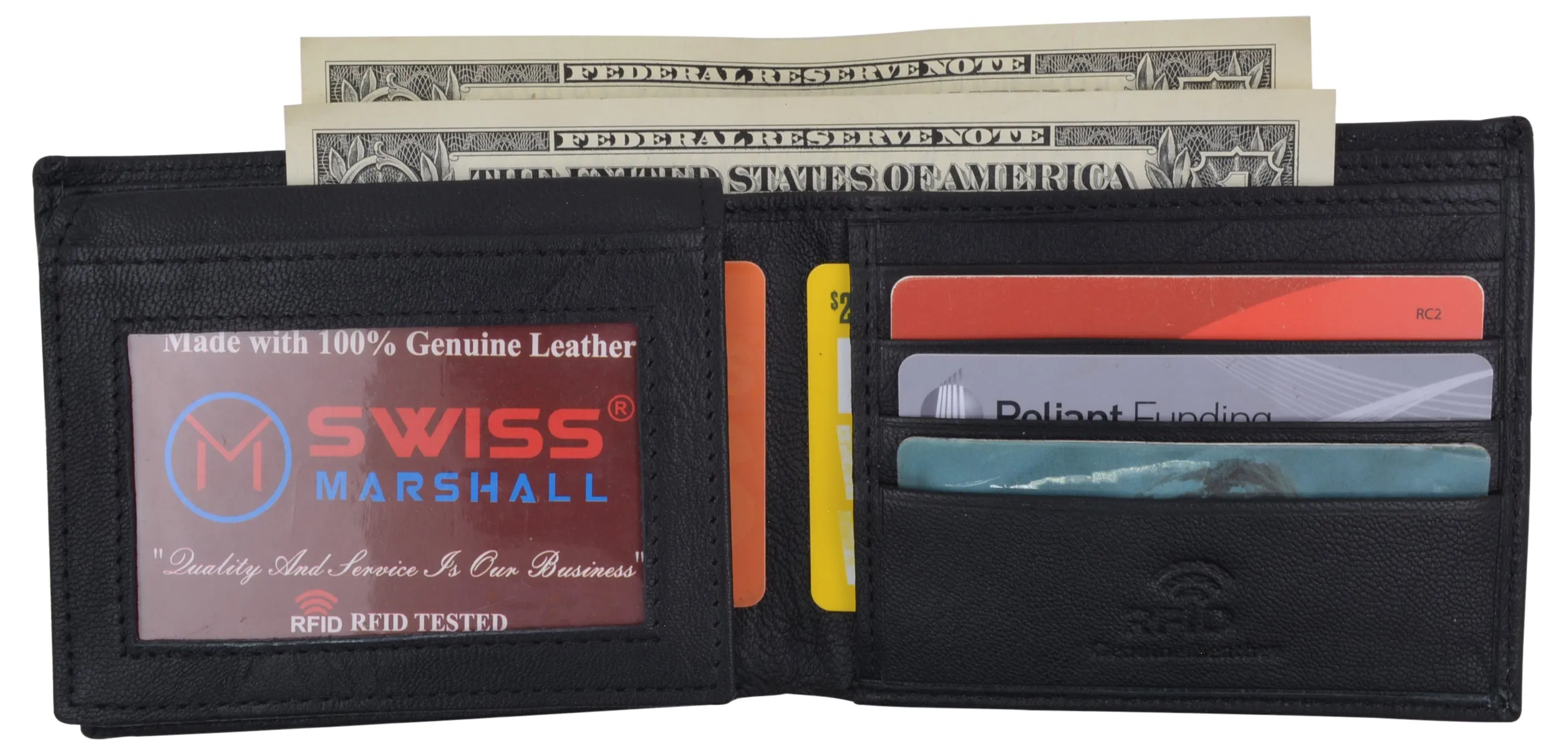 Swiss Marshall Mens Genuine Leather Passcase Bifold Wallet RFID Safe 2 ID Windows