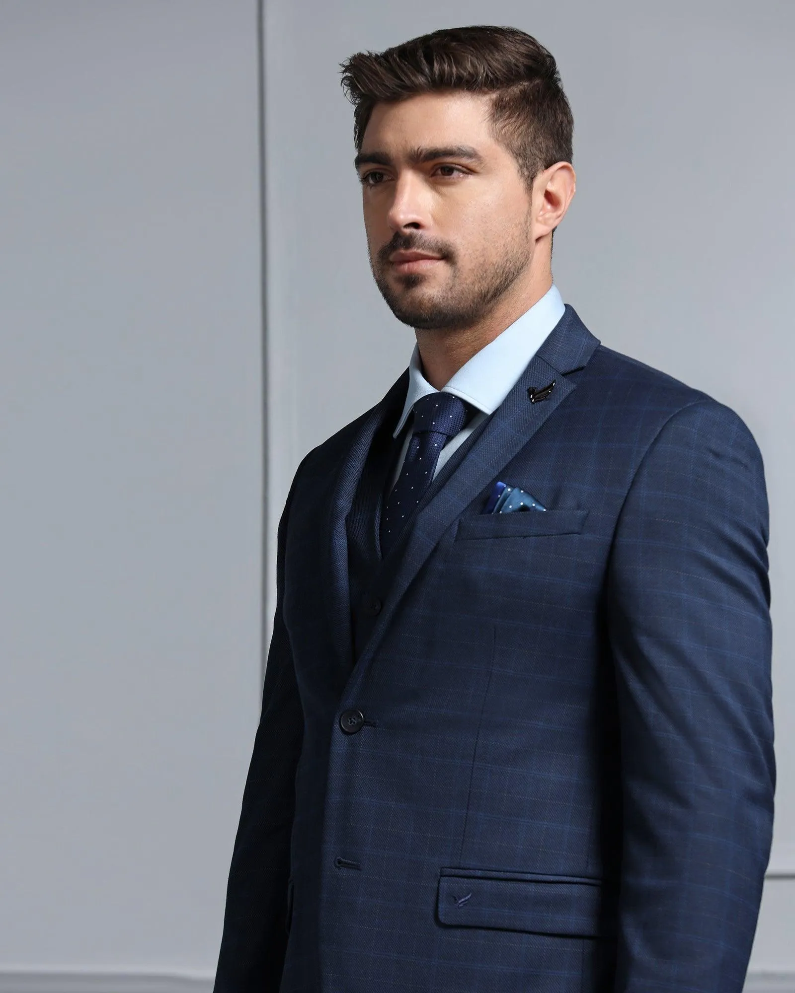 Three Piece Blue Check Formal Suit - Wester