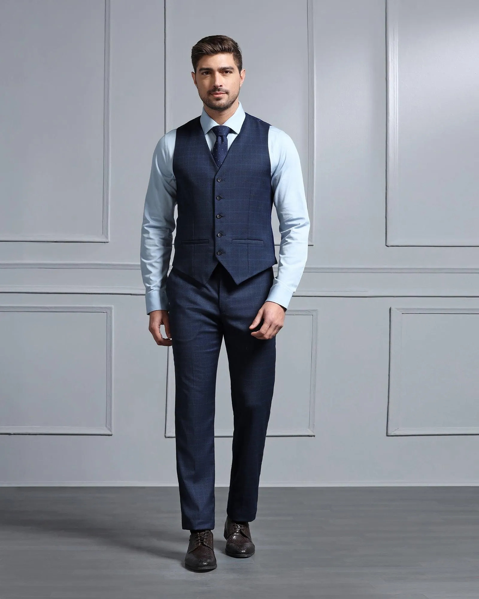 Three Piece Blue Check Formal Suit - Wester