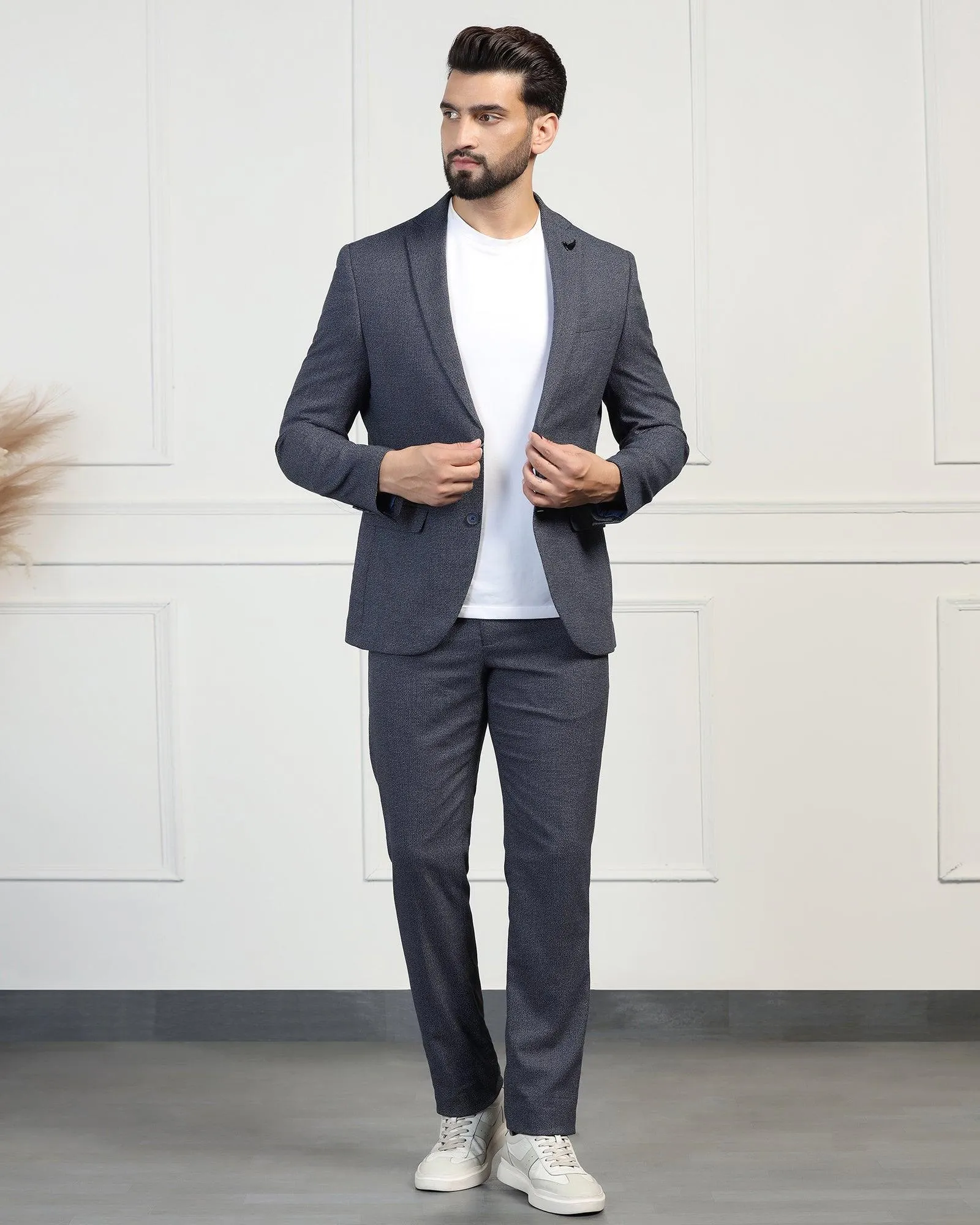 Three Piece Navy Textured Formal Suit - Helm