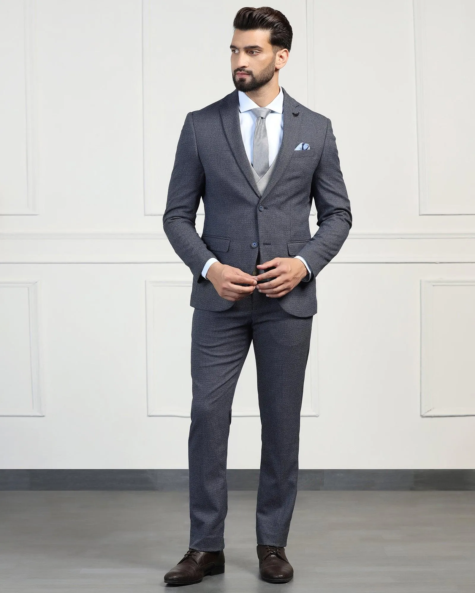 Three Piece Navy Textured Formal Suit - Helm