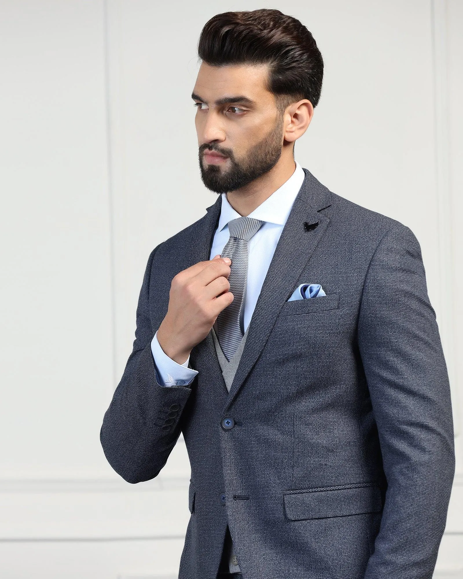 Three Piece Navy Textured Formal Suit - Helm