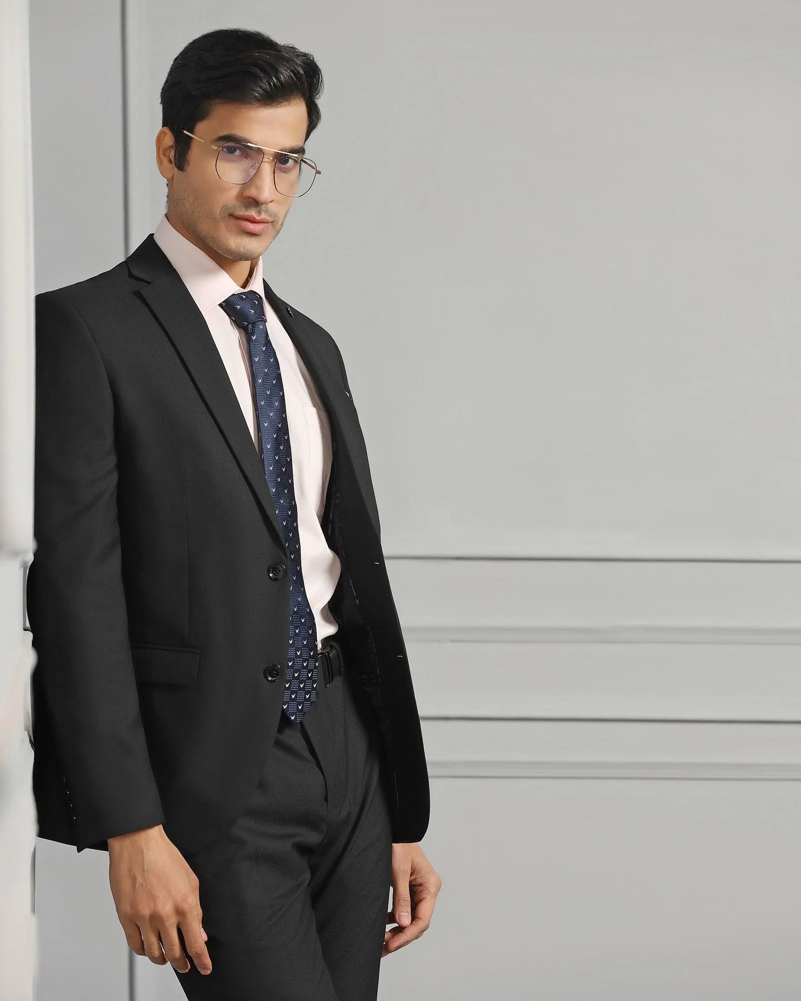 Two Piece Black Textured Formal Suit - Carbon