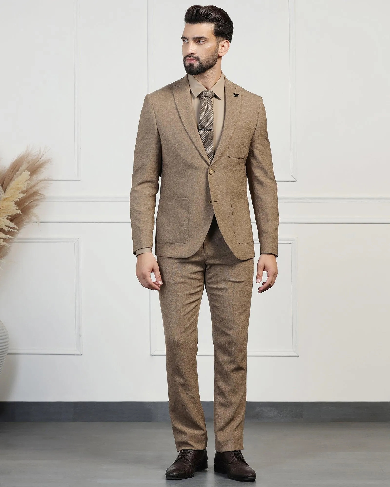 Two Piece Khaki Textured Formal Suit - Drebin