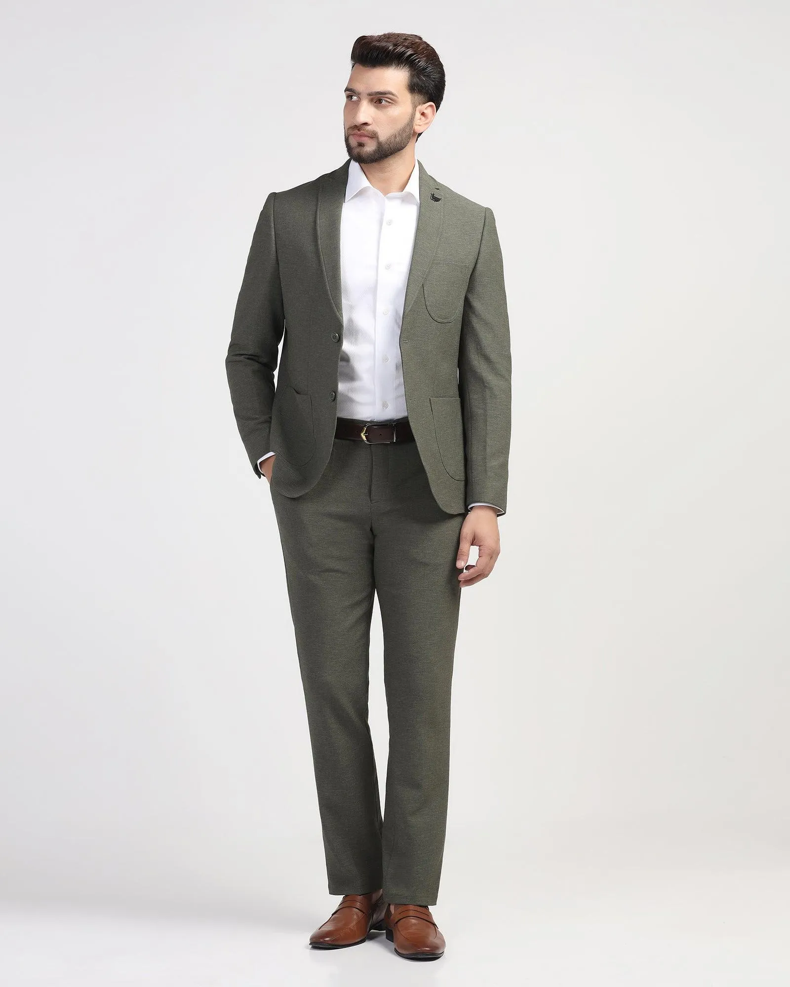 Two Piece Olive Green Solid Formal Suit - Juttex