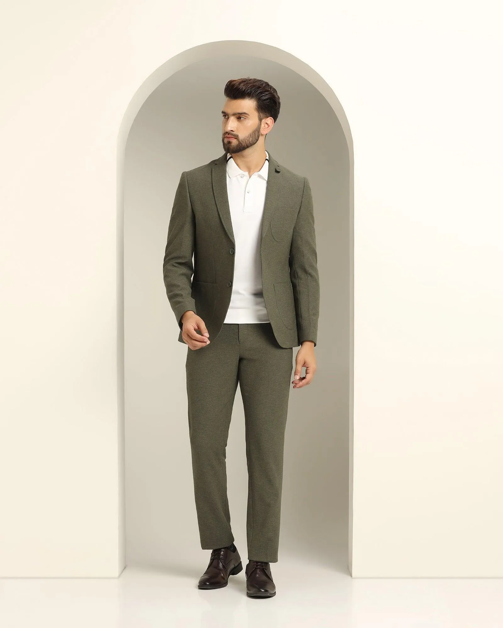 Two Piece Olive Green Solid Formal Suit - Juttex