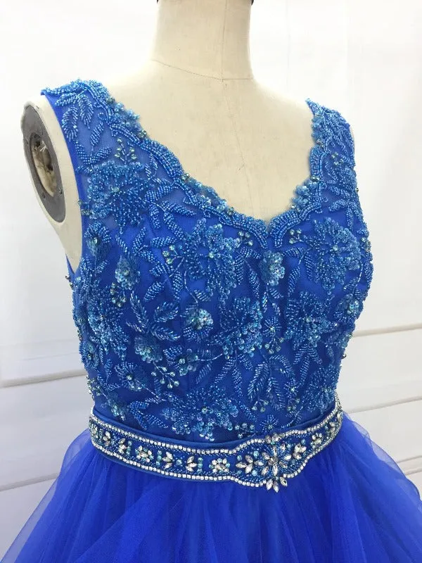 V Neck Elegant Little Girl Royal Blue Pagenat Dress for Special Prom