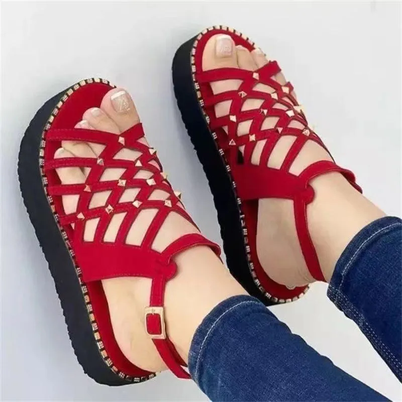 Women Retro Thick-Bottomed Wedge Cross Straps Hollowed PU Sandals