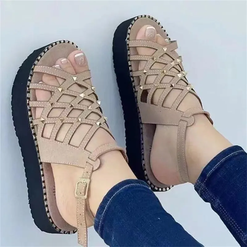 Women Retro Thick-Bottomed Wedge Cross Straps Hollowed PU Sandals