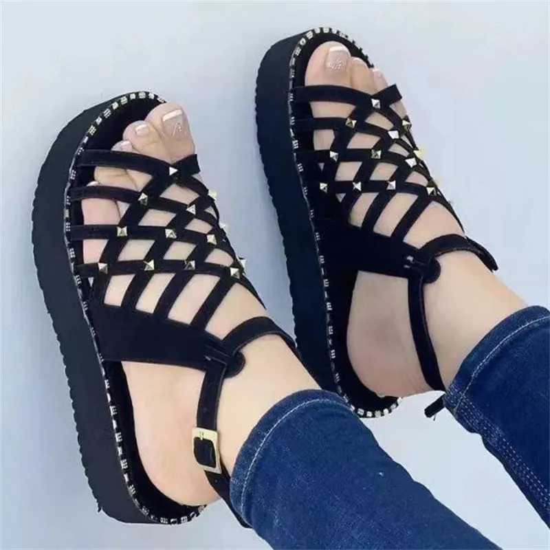 Women Retro Thick-Bottomed Wedge Cross Straps Hollowed PU Sandals